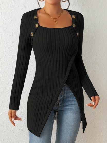 Button Decor Asymmetrical Hem T-Shirt, Casual Ribbed Long Sleeve Top For Spring & Fall, Women's Clothing