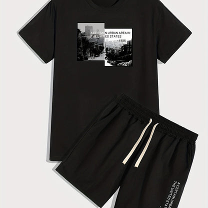 Urban Area, Men's 2pcs, Short Sleeve Round Neck T-Shirt And Drawstring Shorts Set