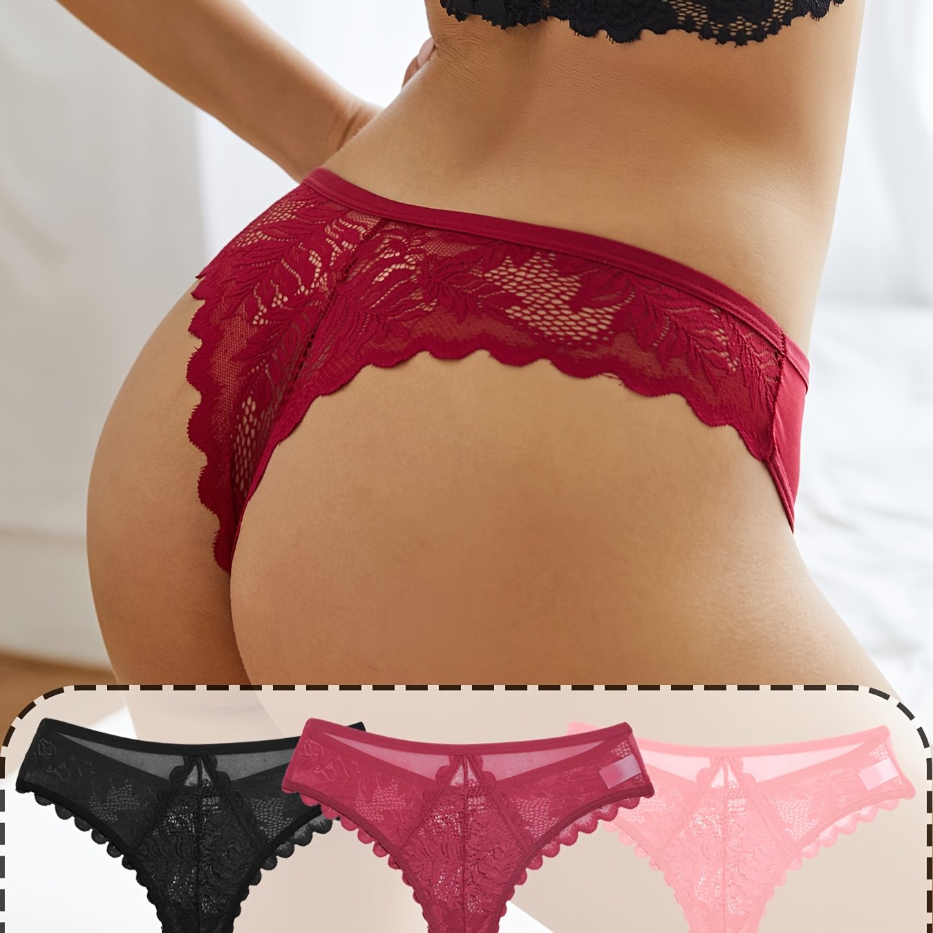 3pcs Women's Lace Trim Sexy Sheer Thong Set, Intimate Wear, Thong Collection, Feminine Lingerie, Elegant Thongs, Soft Lace, Comfortable Fit, Vstring Panties, Lowrise Underwear, Sensual Undergarments, Lingerie Lovers