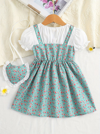 Toddler/ Kid Girls Cute Floral Dress Suit - Short Sleeve Patchwork A-line Dress + Pretty Heart Shaped Bag Set Kids Summer Clothes