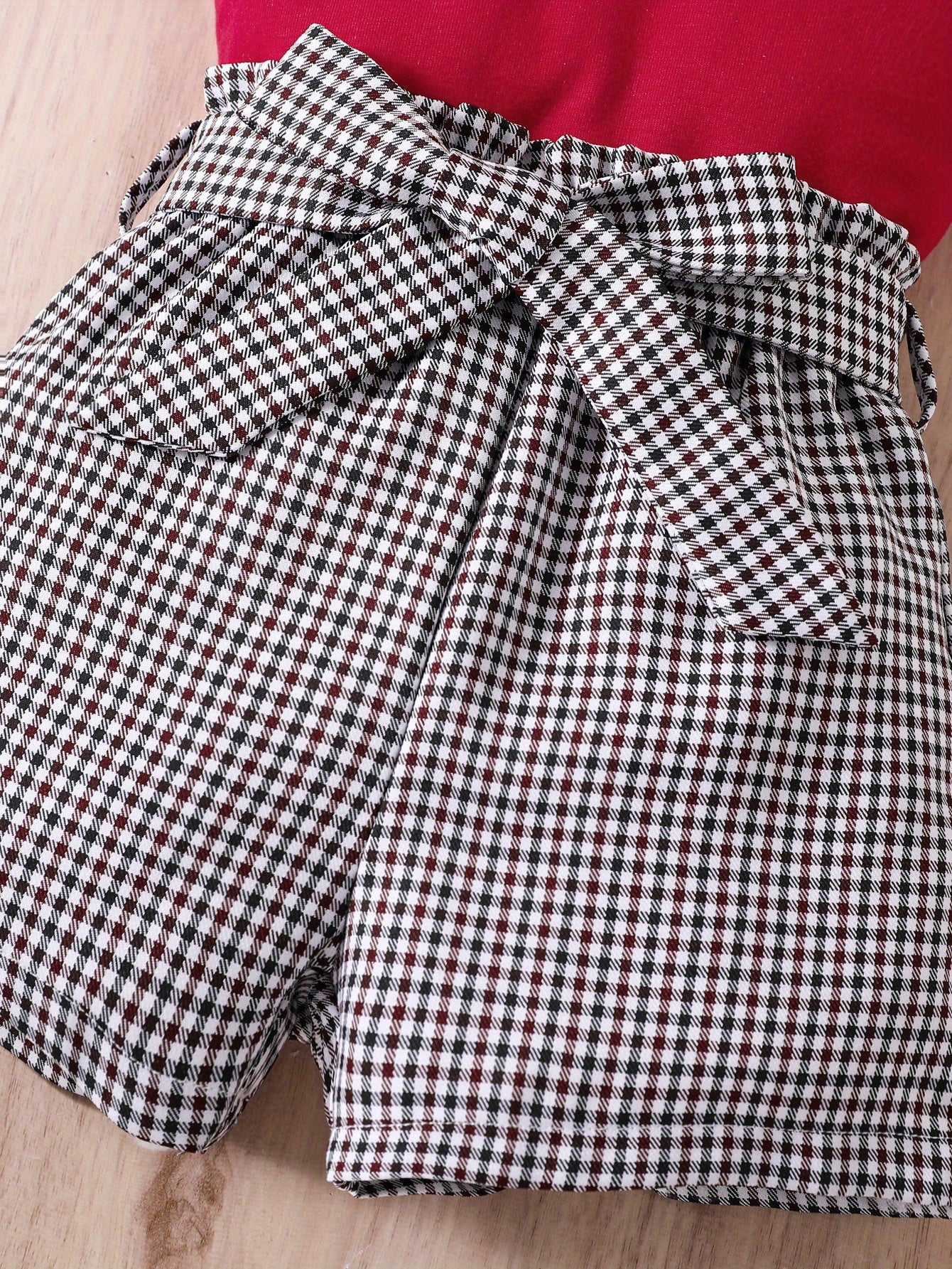 2pcs Girls Round Neck T-Shirt Ruffles Short Sleeves Tee Tops & Belted Plaid Shorts Set Summer Clothes