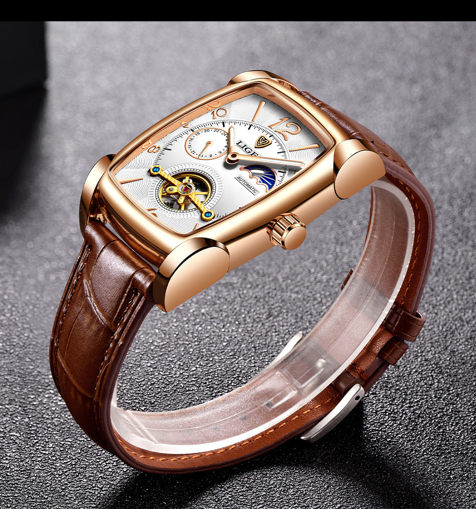 LIGE 2023 Vintage-Inspired Mechanical Men's Watch – Waterproof, Rectangular Leather Timepiece, Perfect Gift