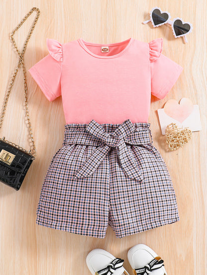 2pcs Girls Round Neck T-Shirt Ruffles Short Sleeves Tee Tops & Belted Plaid Shorts Set Summer Clothes