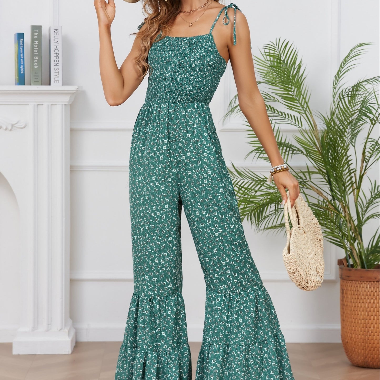 Bohemian Chic Ditsy Floral Print Jumpsuit - Lightweight & Breathable Sleeveless Spaghetti Strap Vacation Wear - Flared Leg Womens Casual Fashion