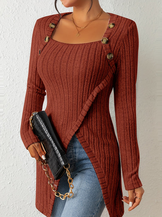 Button Decor Asymmetrical Hem T-Shirt, Casual Ribbed Long Sleeve Top For Spring & Fall, Women's Clothing