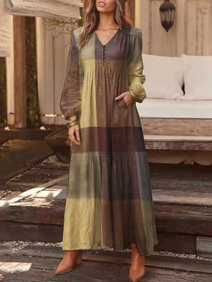 Patchwork Print Loose Dress, Boho V Neck Long Sleeve Dress, Women's Clothing