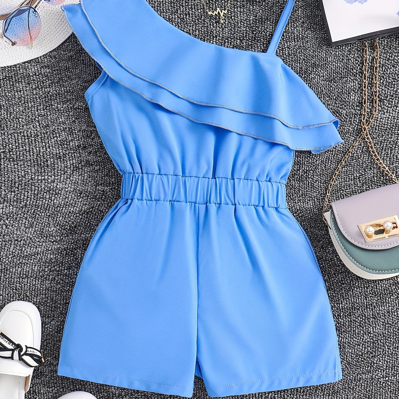 Adorable Girls' White One-Shoulder Romper Jumpsuit - Ruffled, Sleeveless, Summer Outfit for Kids - Breathable, Soft, Comfortable Clothing for Little Princesses