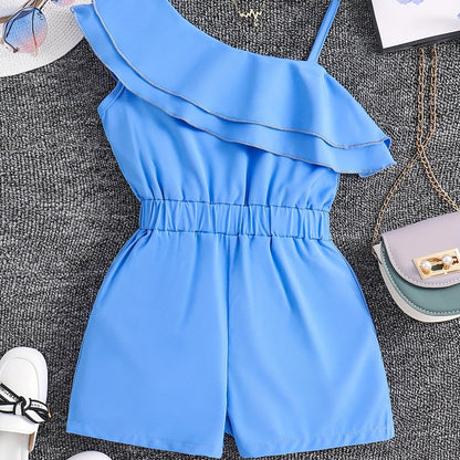 Adorable Girls' White One-Shoulder Romper Jumpsuit - Ruffled, Sleeveless, Summer Outfit for Kids - Breathable, Soft, Comfortable Clothing for Little Princesses