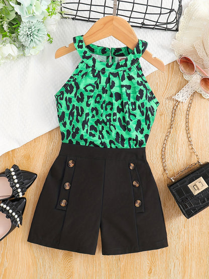 Girls Cold Shoulder Leopard Halter Top & Fake Button Shorts Set Kids Summer Clothes