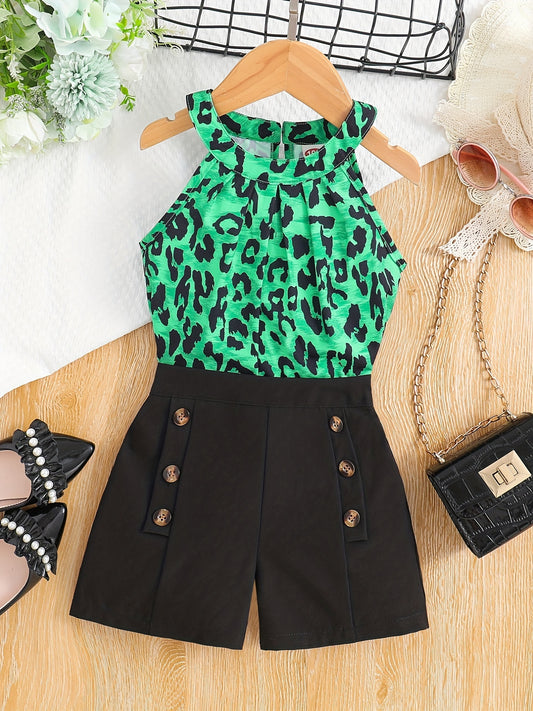 Girls Cold Shoulder Leopard Halter Top & Fake Button Shorts Set Kids Summer Clothes