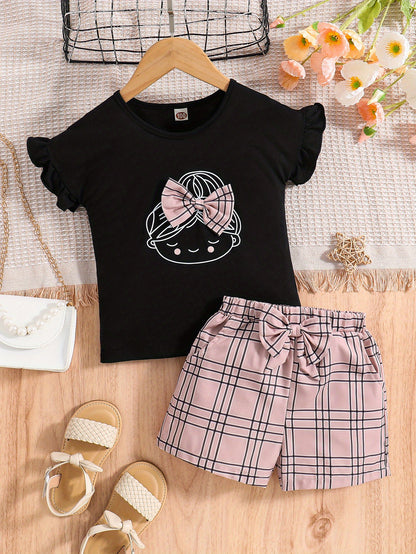 2pcs Girls Figure Graphic T-Shirts Round Neck Ruffle Sleeve Tees Top & Elastic Waist Bow Plaid Shorts Set Kids Summer Clothes