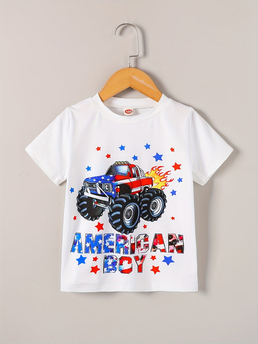 Boys Independence Day Car Print Boys Creative T-shirt, Casual Lightweight Comfy Short Sleeve Crew Neck Tee Tops, Kids Clothings For Summer