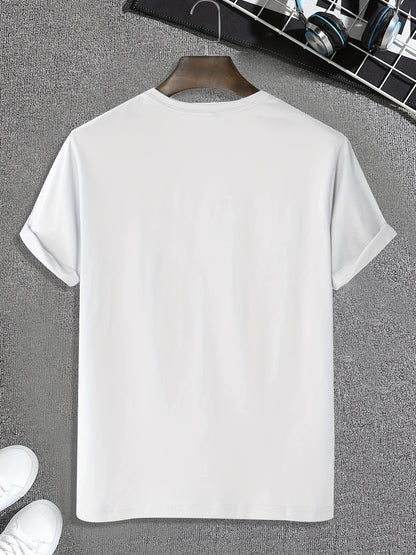 Mens Geometric Print Crew Neck T-Shirt - Soft Slight Stretch Polyester Fabric, Casual Short Sleeve Tee for Summer Spring Fall, Unique Applique Artwork, Machine Washable, Perfect Gift