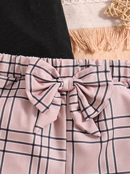 2pcs Girls Figure Graphic T-Shirts Round Neck Ruffle Sleeve Tees Top & Elastic Waist Bow Plaid Shorts Set Kids Summer Clothes