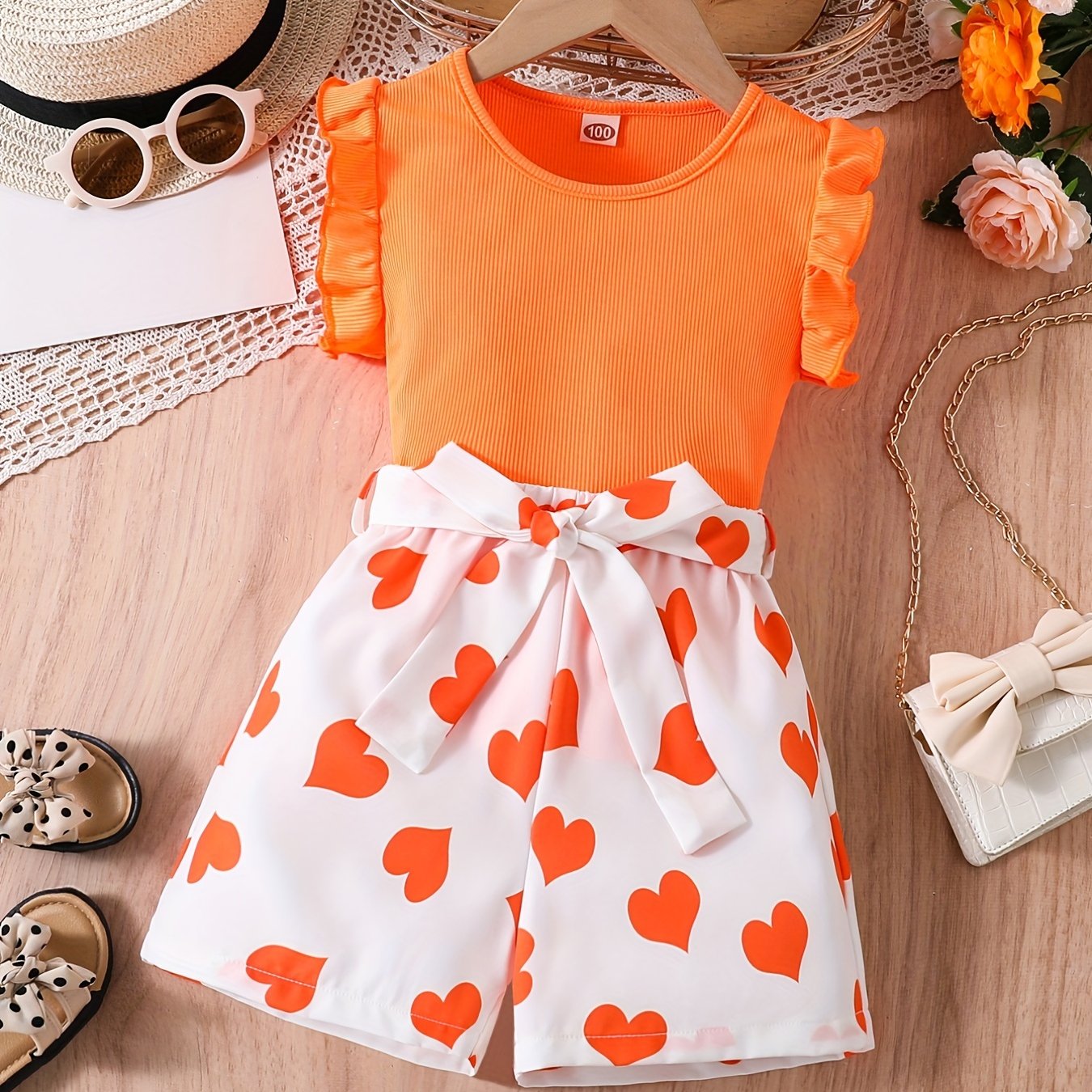 Girls Ruffle Trim Round Neck Top & Heart Graphic Belted Shorts Set Kids Summer Clothes