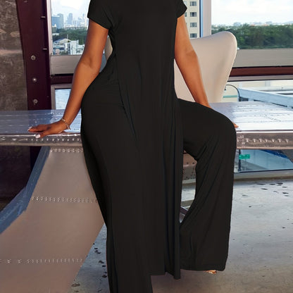 Two-Piece Casual Matching Set - Crew Neck Split T-Shirt & Wide Leg Pants Outfit with Micro Elasticity, Polyester Fabric, Solid Color, and Knit Construction for All Seasons