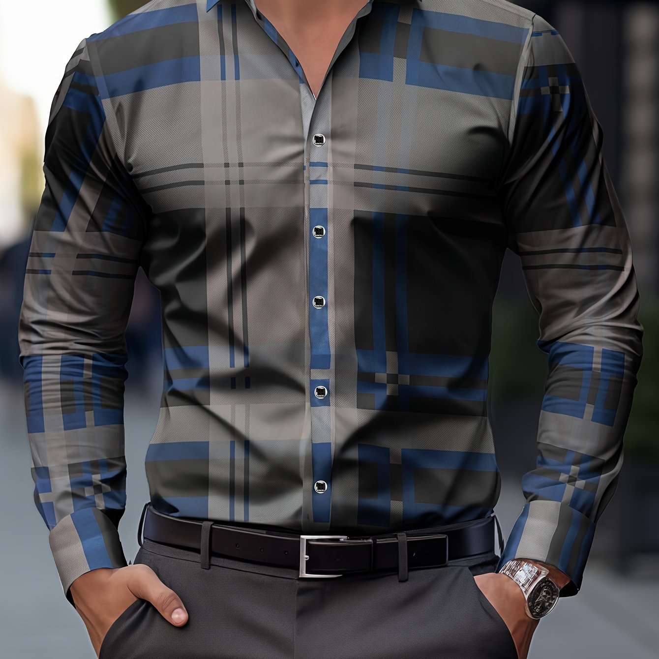 Non-Positional Cut Men's Casual Business Shirt with Plaid Print