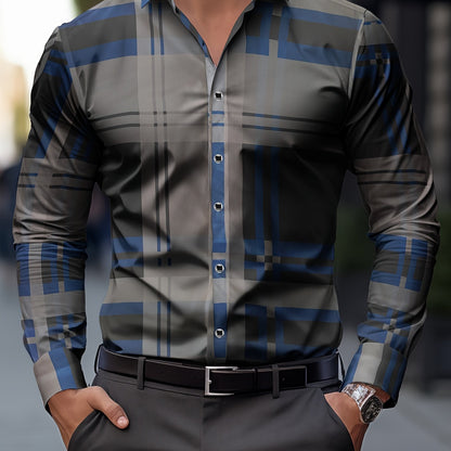 Non-Positional Cut Men's Casual Business Shirt with Plaid Print