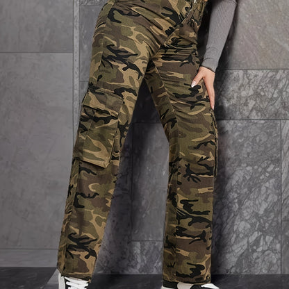 Camo Cargo Pants for Women | Vintage Y2K Straight-Leg Casual Jeans - All-Season Wear, Mid-Waist with Pockets