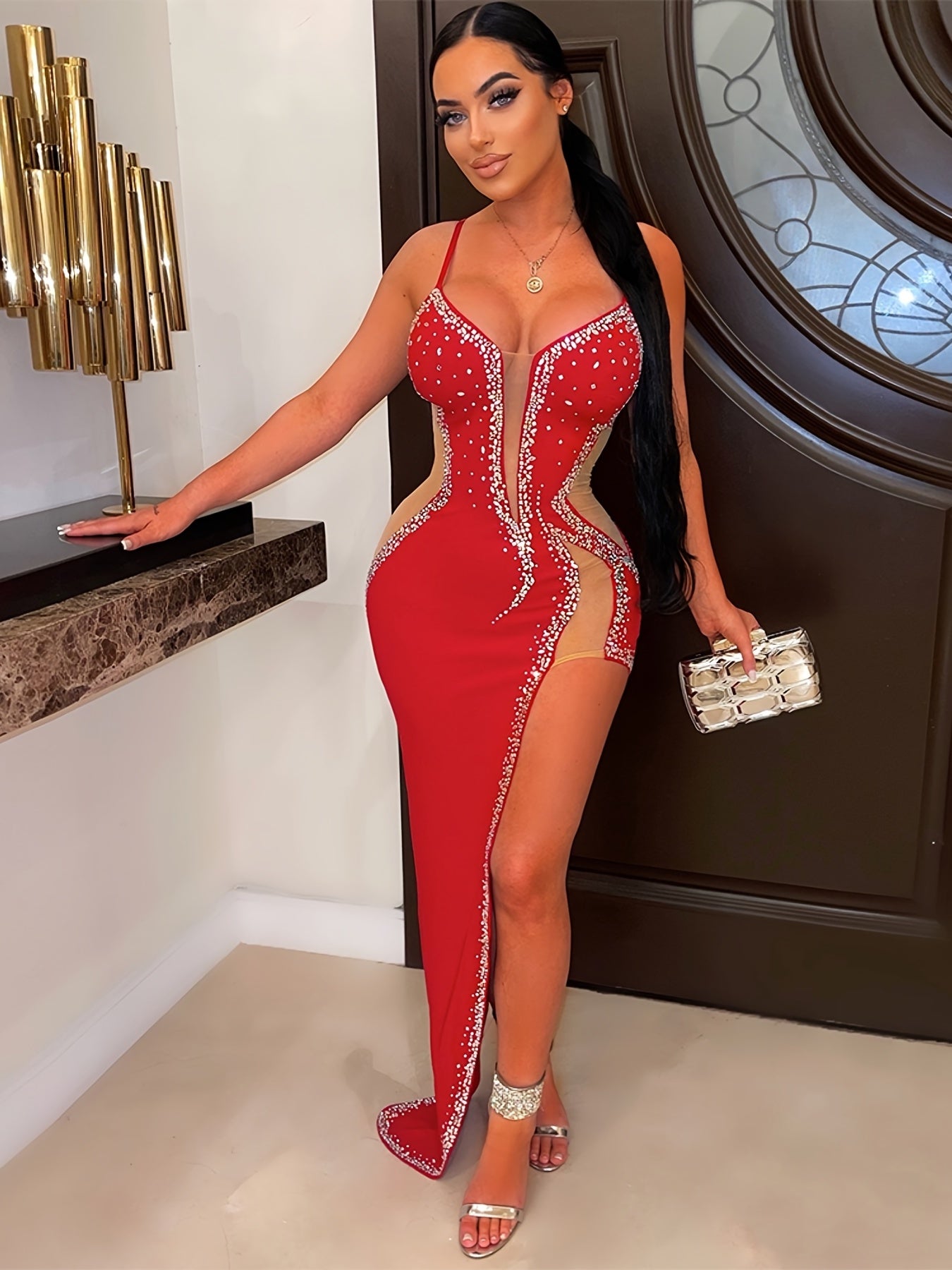 [95% Polyester Bodycon Party Dress] Women'S Sexy Rhinestone Long Dress, Asymmetrical Hem, Slingback, Sleeveless, Strapless Collar, Bodycon Knit Fabric, Polyester 95% Spandex 5% - All-Season Party Wear