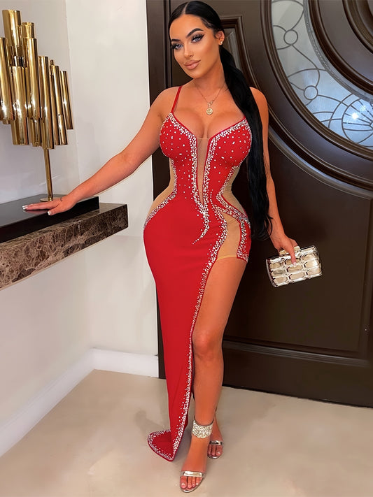 [95% Polyester Bodycon Party Dress] Women'S Sexy Rhinestone Long Dress, Asymmetrical Hem, Slingback, Sleeveless, Strapless Collar, Bodycon Knit Fabric, Polyester 95% Spandex 5% - All-Season Party Wear