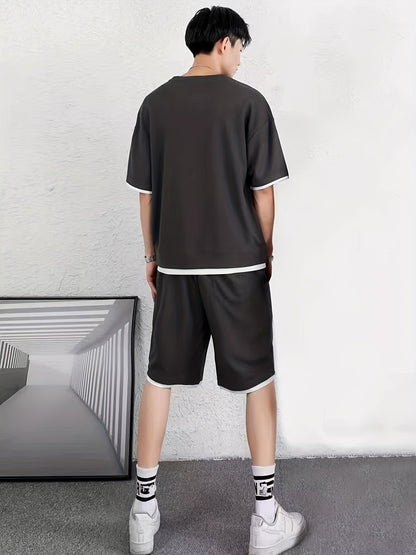 Men's 2 Piece Outfits, Solid Color, Faux Two-Piece Casual Graphic Crew Neck T-shirt And Loose Drawstring Shorts Set, Men’s Clothing