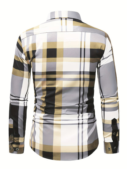 Non-Positional Cut Men's Casual Business Shirt with Plaid Print