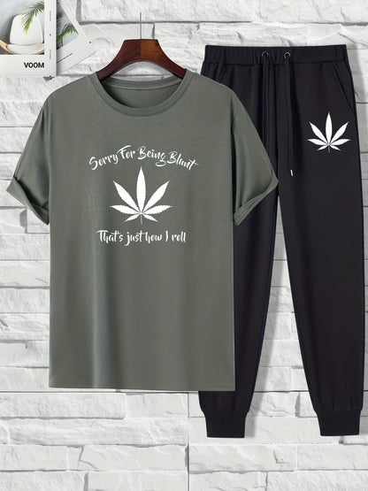 2 pieces Leaf Print Men's 2-Piece Set: Short Sleeve T-Shirt & Drawstring Trousers