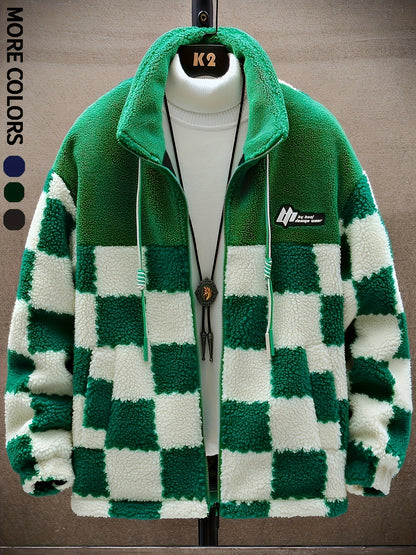 [Plush Winter Coat] Blue & White Plush Checkered Winter Coat | Men's Loose Fit, Stand Collar, Zip-Up Jacket with Drawstring Hood, Casual Style for Fall/Winter