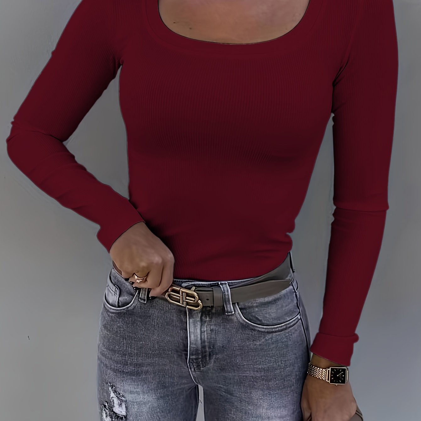 Womens Soft Ribbed Square Neck T-Shirt - Trendy Long Sleeves for Spring & Fall - Versatile Casual Wear