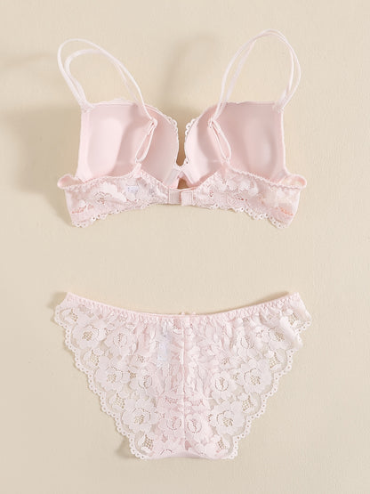Romantic Lace Embroidery Lingerie Set - Soft & Breathable Push-Up Bra with Sheer Panty - Perfect Seductive Valentines Gift for Her - Womens Comfortable Intimate Wear