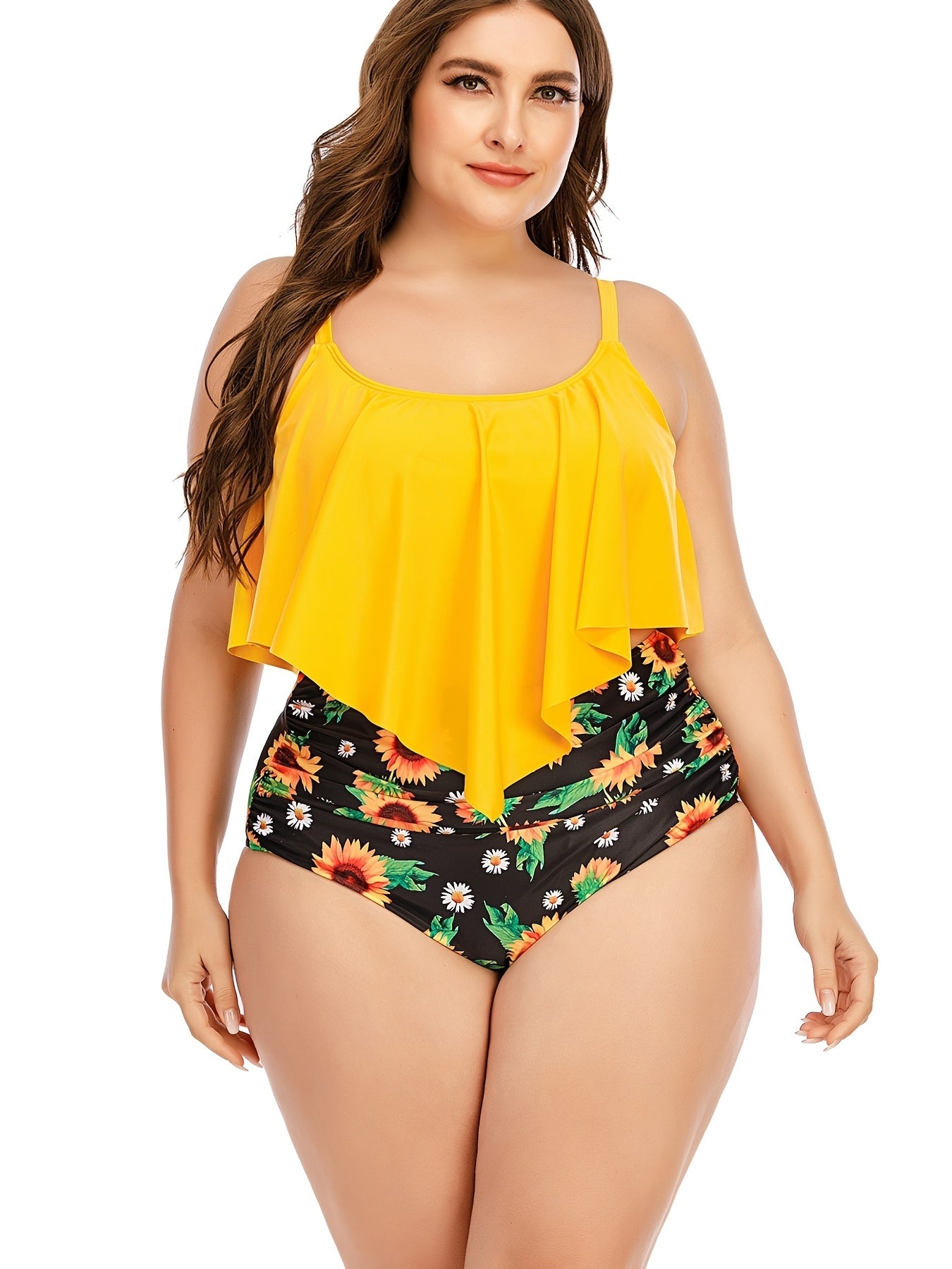2pcs Plus Size Irregular Hem Top & Sunflower Print Panty Swimsuit Set, Women's Plus Medium Stretch Modest Swimsuit Set