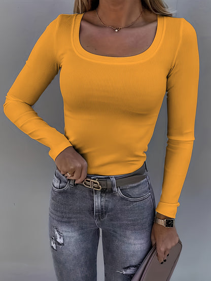 Womens Soft Ribbed Square Neck T-Shirt - Trendy Long Sleeves for Spring & Fall - Versatile Casual Wear