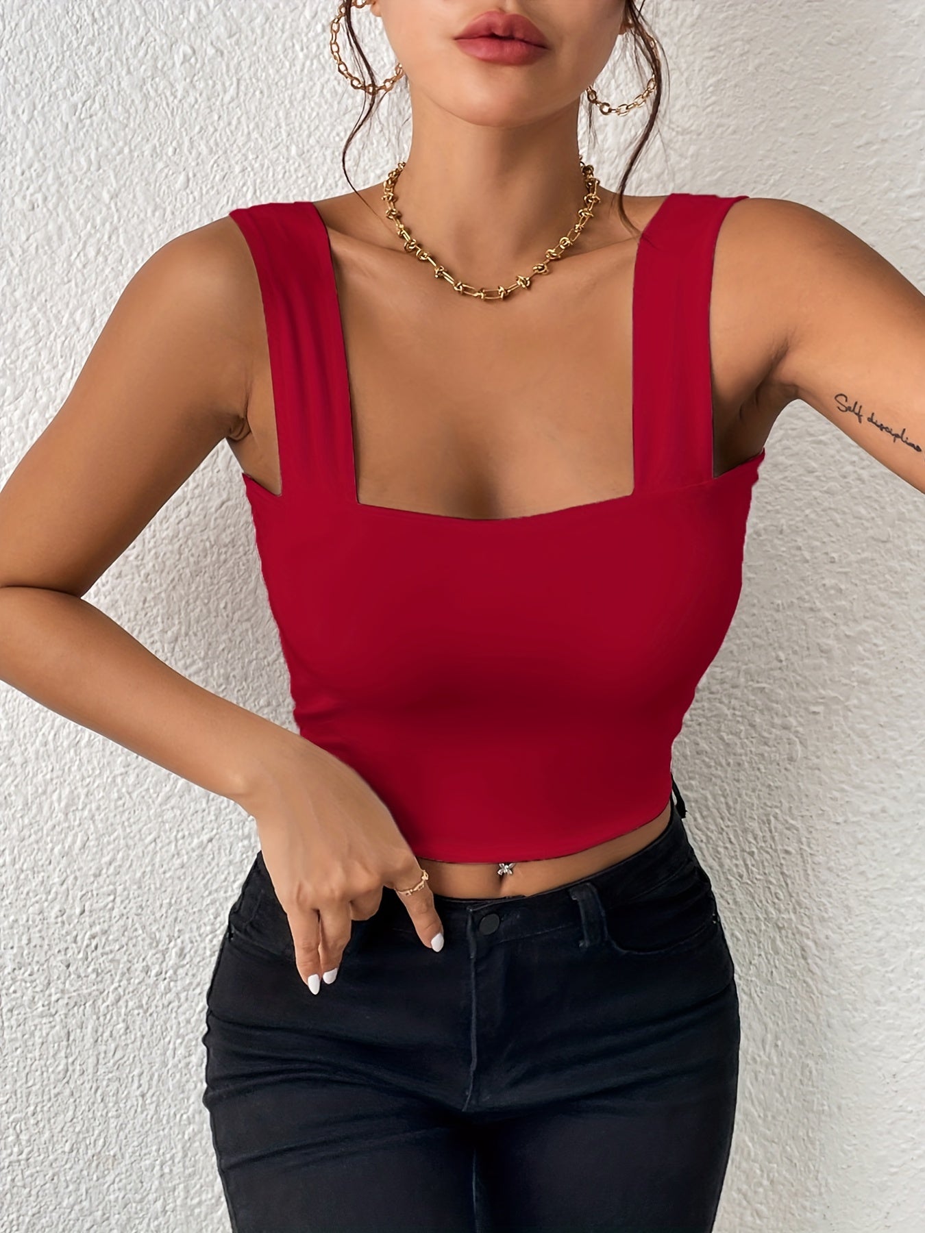 Stretchy Women's Crop Tank Top - Casual Everyday Essential - Soft, Breathable, Sleeveless, Solid Color, Comfortable, Relaxed Fit, Women's Clothing