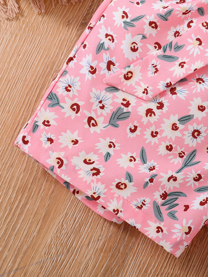 Girls 2pcs Round Neck Sleeveless Tank Top & Elastic Waist Shorts With Belt Floral Love Print Casual Kids Clothes Summer