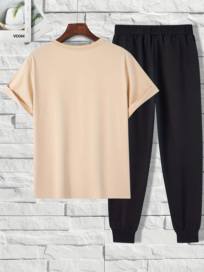 Color Blocks Print, Men's 2 Pieces Outfits, Short Sleeve T-Shirt And Drawstring Trousers Set