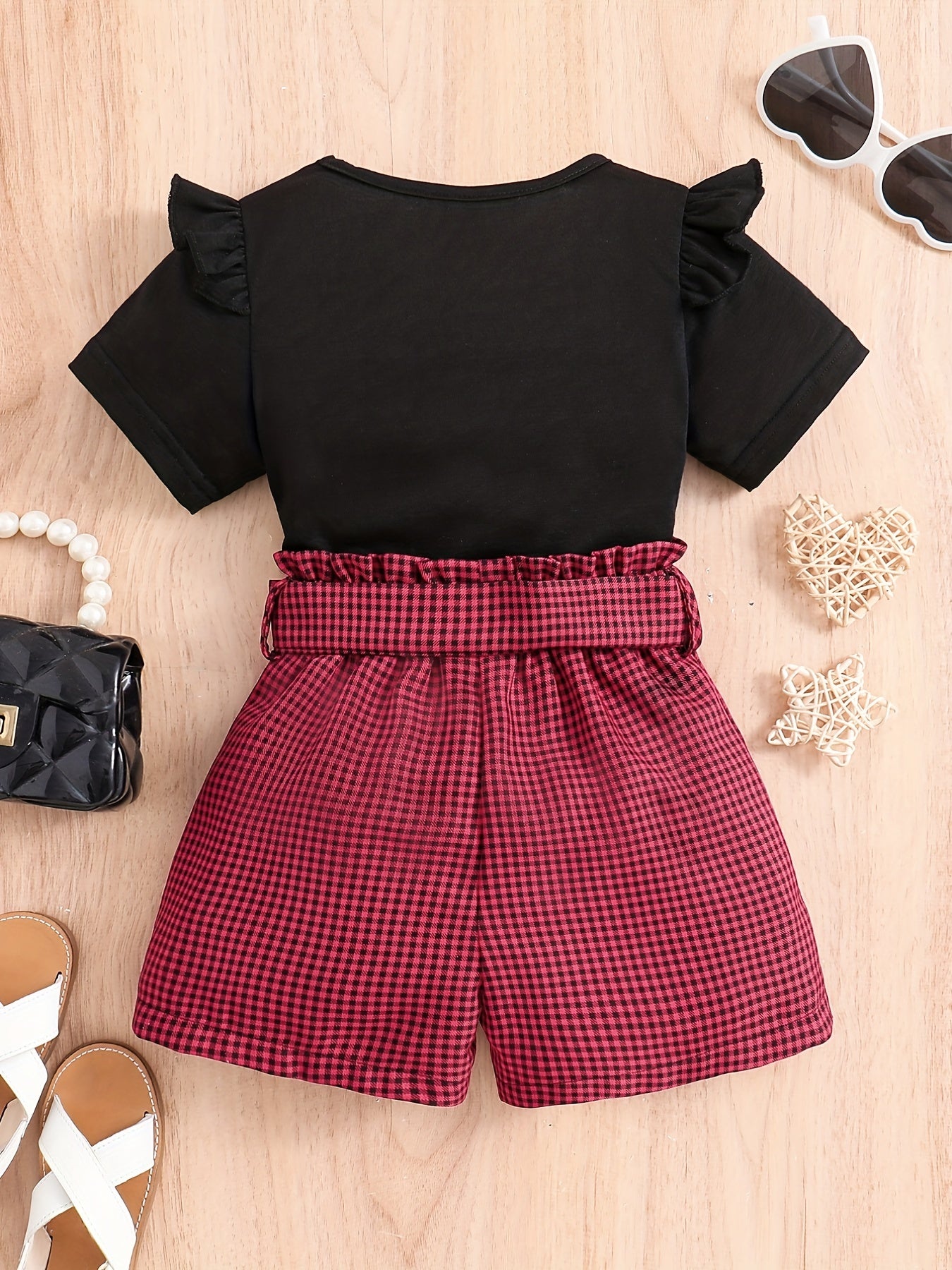 2pcs Girls Round Neck T-Shirt Ruffles Short Sleeves Tee Tops & Belted Plaid Shorts Set Summer Clothes