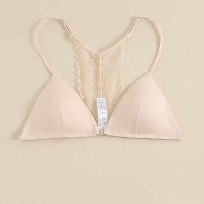 Triangle Cups Front Buckle Bras, Lace Stitching Beauty Back Bra With Removable Pads, Women's Lingerie & Underwear