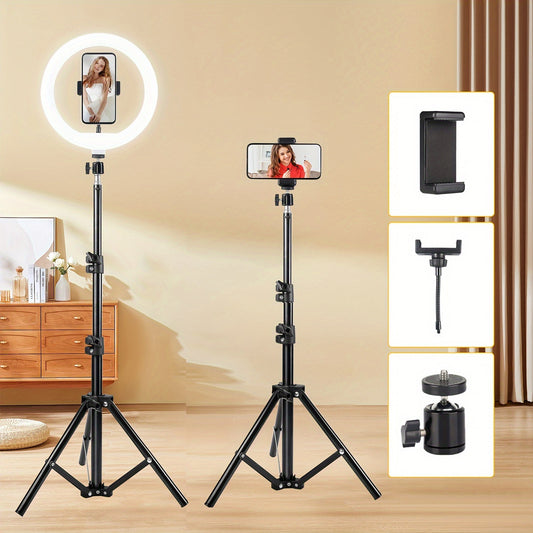 10-Inch Aluminum Alloy Ring Light with Floor Stand, USB Powered Smartphone Mount for Video Recording & Live Streaming - 3 Light Modes & 10 Brightness Levels, Operating Voltage ≤36V