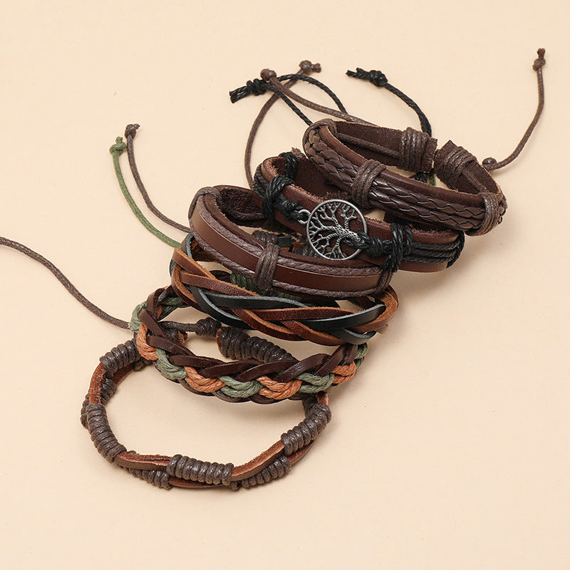 6pcs Retro Funky Men'S Alloy Combination Life Tree Faux Leather Braided Bracelet - Antique Golden Plated, Pendant Material: Alloy, Brand: HUANMING