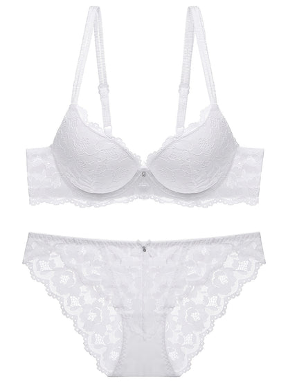 Romantic Lace Embroidery Lingerie Set - Soft & Breathable Push-Up Bra with Sheer Panty - Perfect Seductive Valentines Gift for Her - Womens Comfortable Intimate Wear