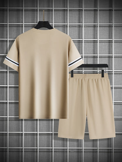 Men's 2 Piece Outfits, Solid Color, Faux Two-Piece Casual Graphic Crew Neck T-shirt And Loose Drawstring Shorts Set, Men’s Clothing