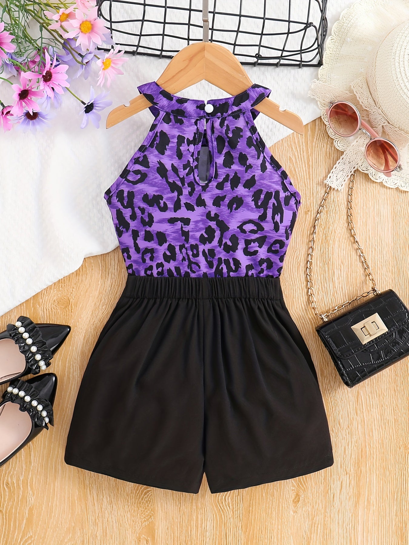 Girls Cold Shoulder Leopard Halter Top & Fake Button Shorts Set Kids Summer Clothes
