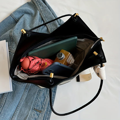 Large-Capacity Faux Leather Tote Bag - Stylish Zipper Closure, Fixed Shoulder Straps, Simple and Spacious Design for Work, Daily Use, and Travel - Durable, Easy-to-Clean, and Trendy Accessory