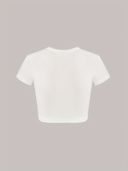 Letter Embroidery Crop T-Shirt, Y2K Short Sleeve T-Shirt For Spring & Summer, Women's Clothing