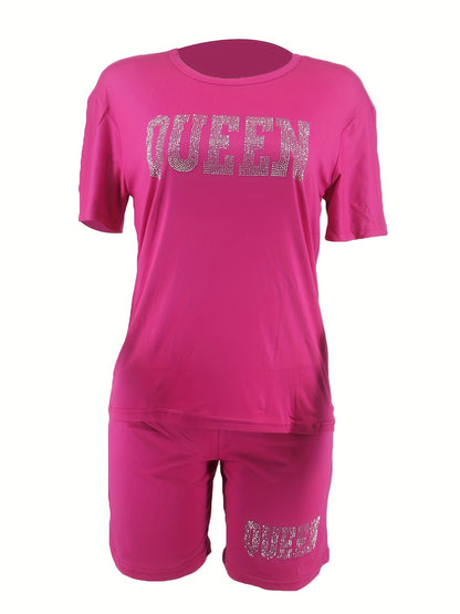 [2 Pieces Rhinestone Queen Outfit] Rhinestone Queen Print 2 Pieces Set, Crew Neck Short Sleeve T-shirt & Bodycon Shorts Outfits, Women's Clothing