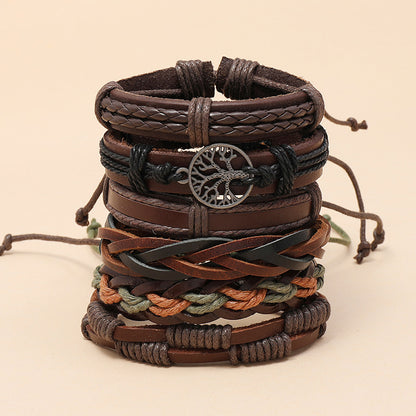 6pcs Retro Funky Men'S Alloy Combination Life Tree Faux Leather Braided Bracelet - Antique Golden Plated, Pendant Material: Alloy, Brand: HUANMING