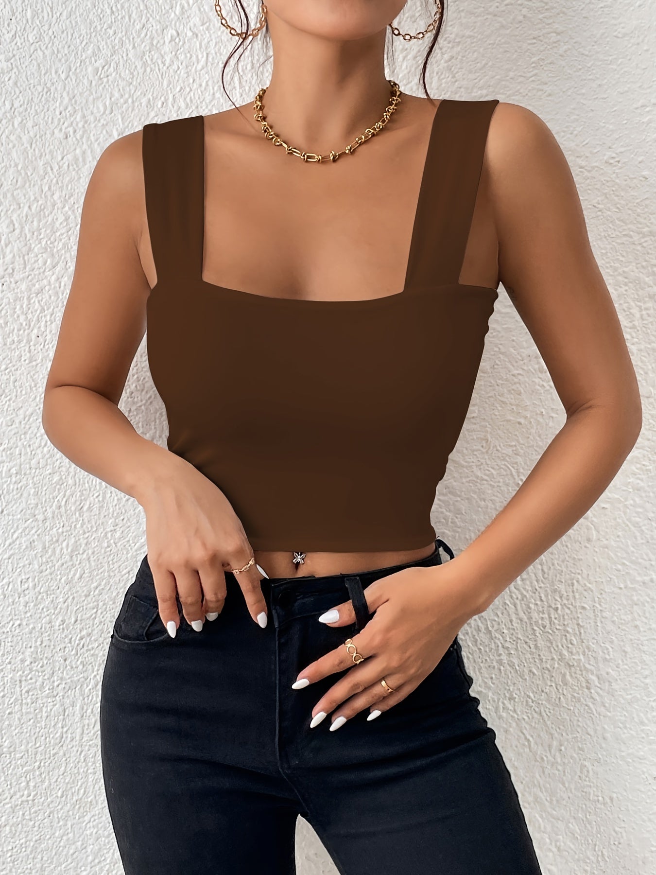 Stretchy Women's Crop Tank Top - Casual Everyday Essential - Soft, Breathable, Sleeveless, Solid Color, Comfortable, Relaxed Fit, Women's Clothing