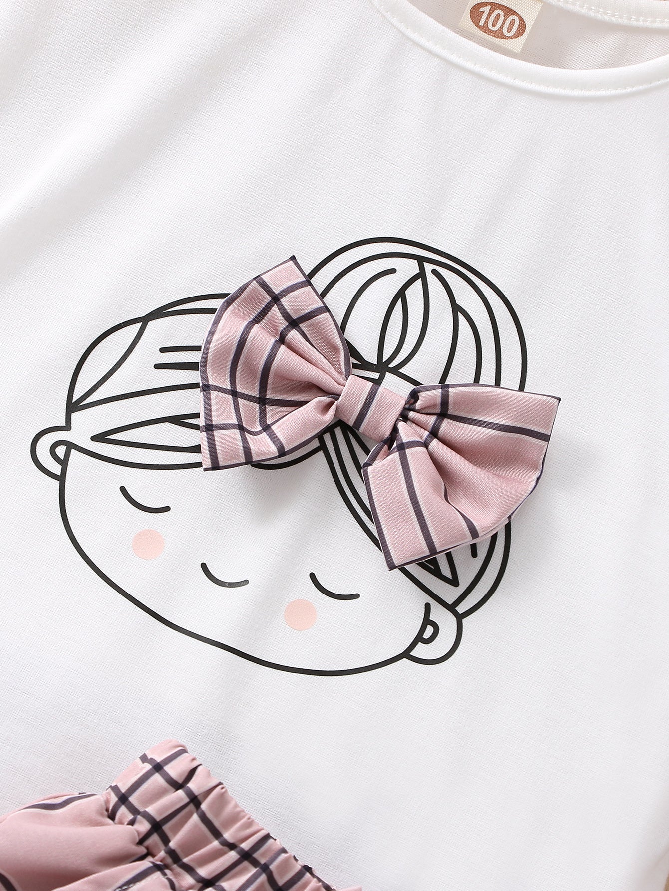 2pcs Girls Figure Graphic T-Shirts Round Neck Ruffle Sleeve Tees Top & Elastic Waist Bow Plaid Shorts Set Kids Summer Clothes