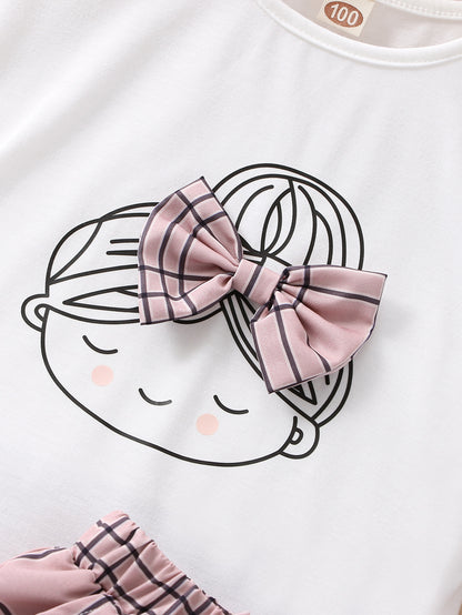 2pcs Girls Figure Graphic T-Shirts Round Neck Ruffle Sleeve Tees Top & Elastic Waist Bow Plaid Shorts Set Kids Summer Clothes